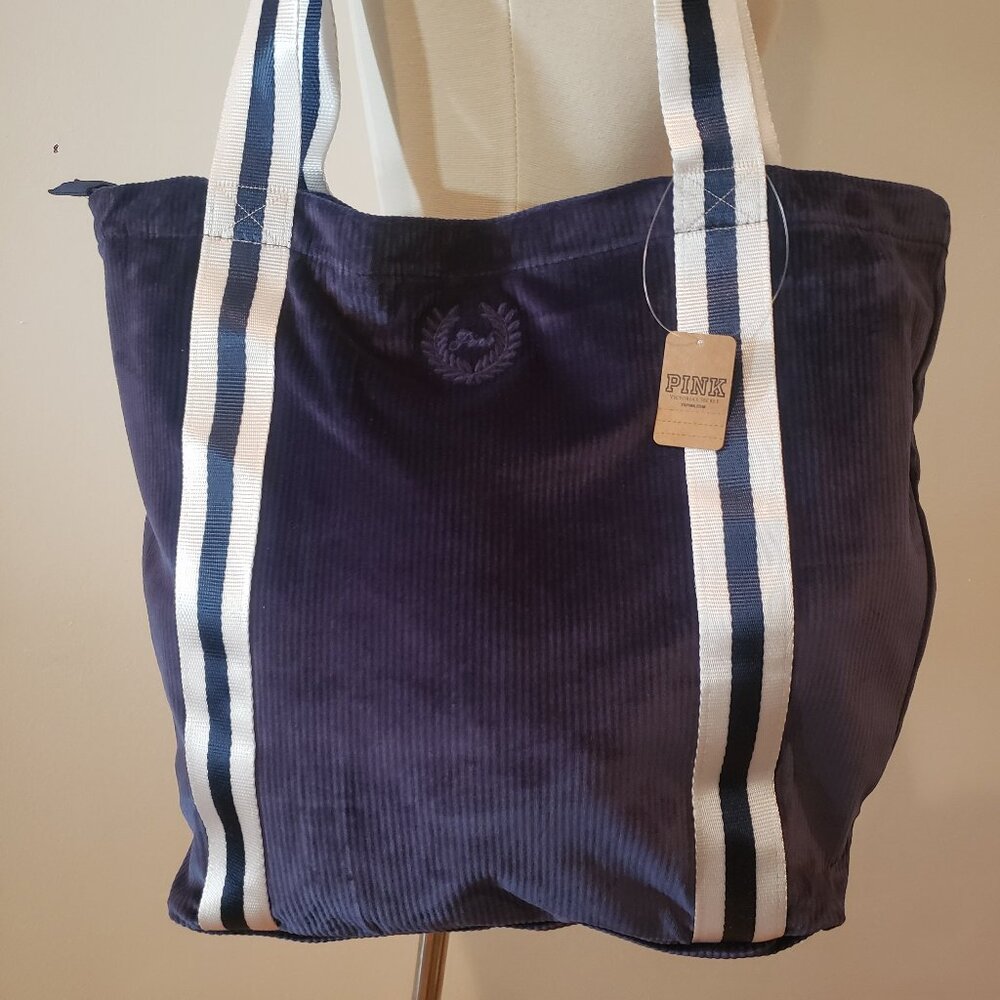 3/$42 Victoria’s Secret PINK Navy Velour Tote Bag NWT - Picture 1 of 6